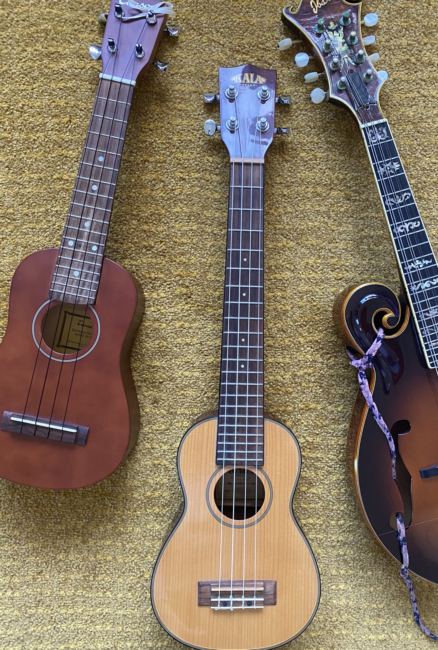 Two ukuleles and a mandolin with a carpeted background